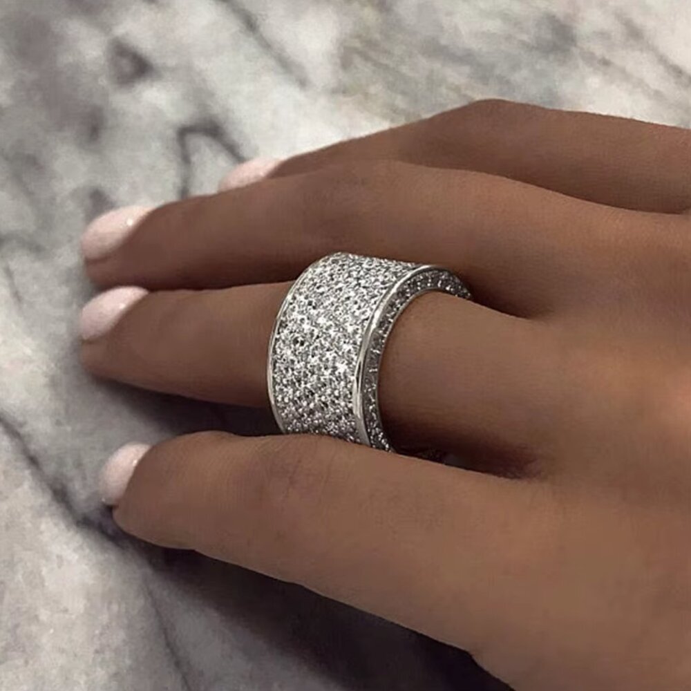 NEW 14k White Gold Pave Diamond Ring Band Chunky Wide Eternity Ring
